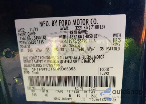 2013 Ford F-150 Xlt из США, поврежденный, VIN 1FTFW1CT5DKD65353